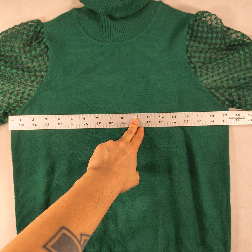 Marled Green Turtleneck Sweater Size M Sheer‎ Balloon Sleeve Pullover Chic Top - Picture 8 of 11